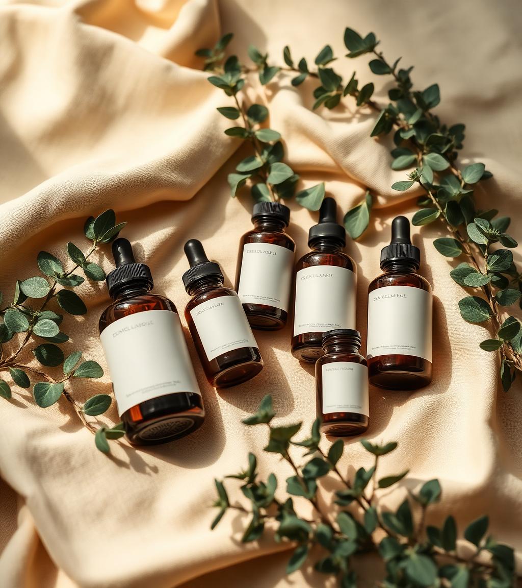 Amber glass wellness supplement bottles arranged on cream linen with fresh eucalyptus