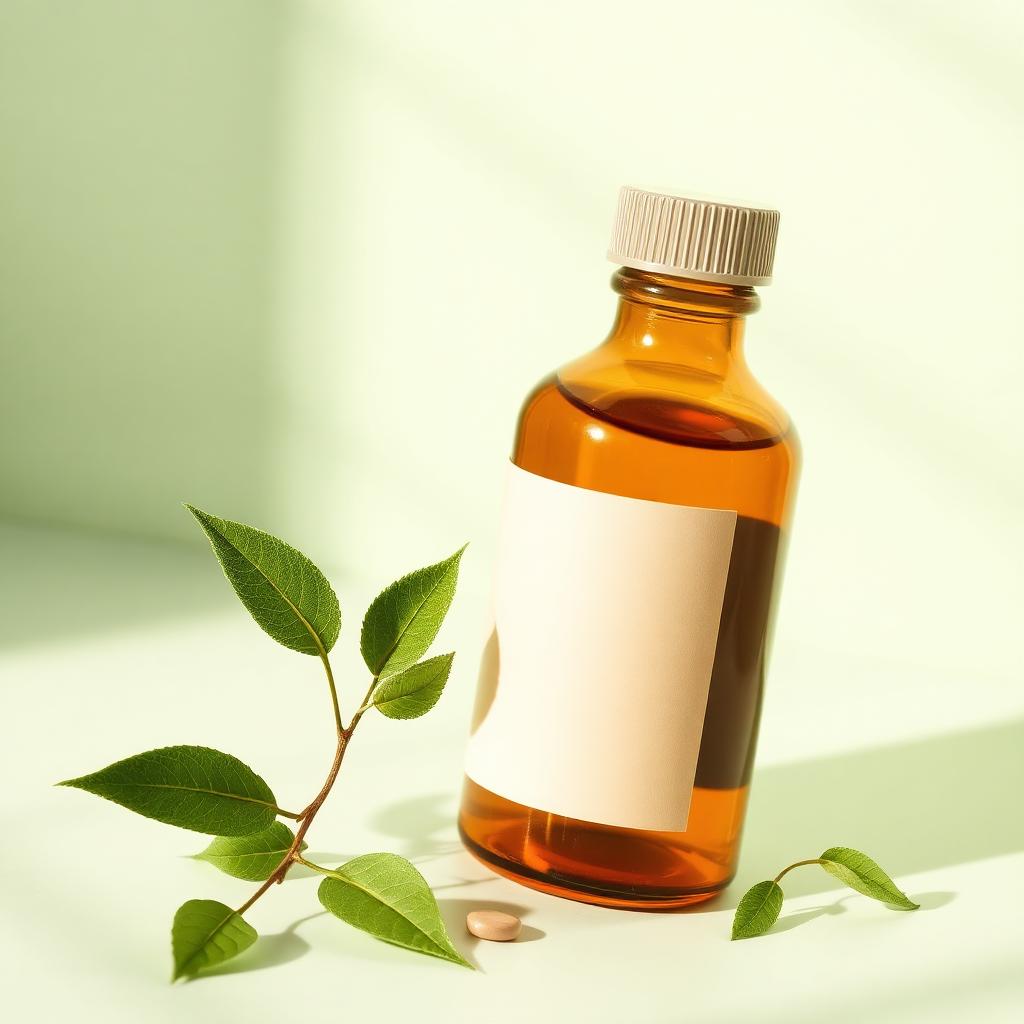 VitaUp daily multivitamin in an amber glass bottle with fresh green leaves